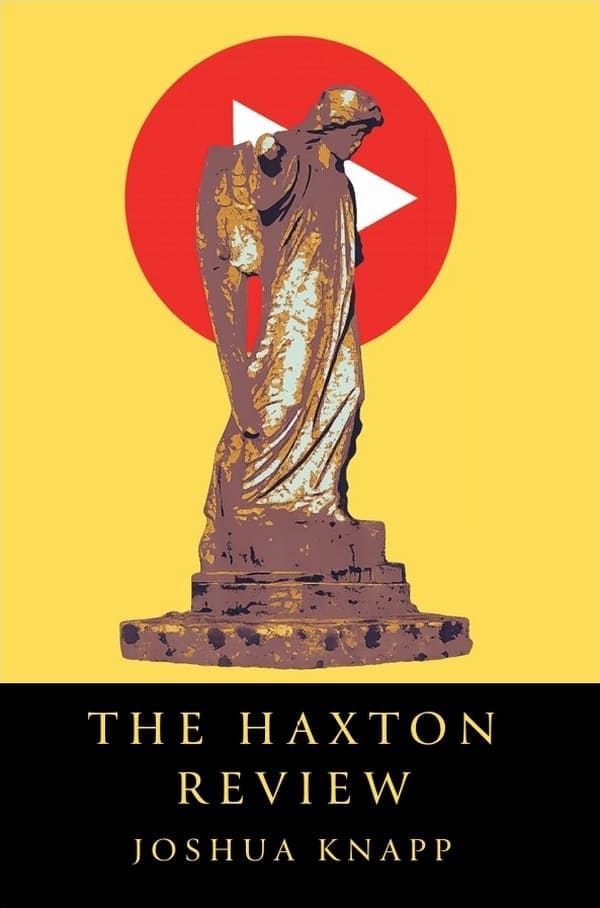 Contemporary artwork combining a classical statue with a YouTube play button symbol in the background.